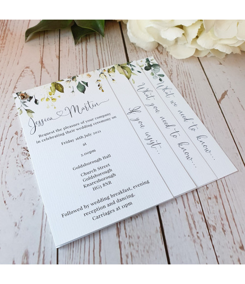 Wedding invitation with white watercolour roses and leaves
