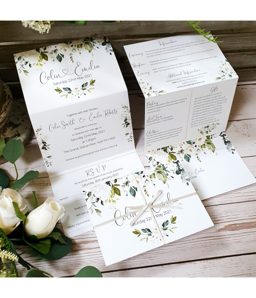 Personalised Concertina White Roses wedding invitation with elegant floral design.