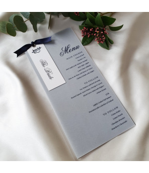 Signature Navy Blue wedding menu featuring elegant typography and luxurious navy blue wedding stationery by Hearts & Twine.