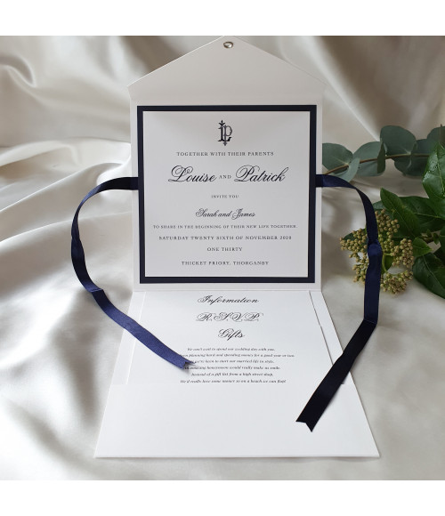 Traditional navy blue day wedding invitation design with modern monogram and premium card finish