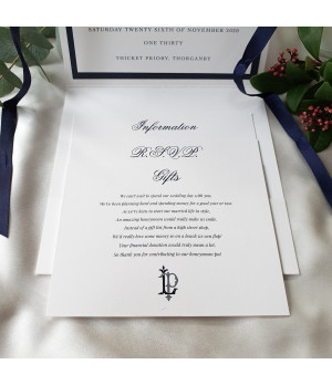 Navy blue wedding invitation suite showing RSVP postcard, gift card, and information card layout
