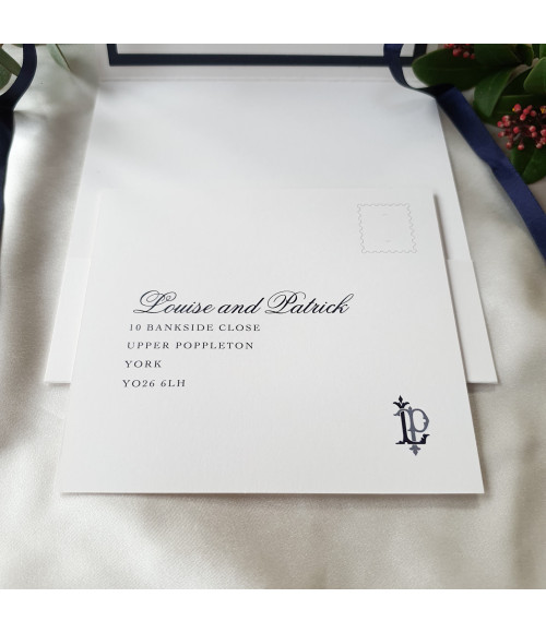 Classic navy wedding stationery set featuring coordinated inserts and elegant handmade presentation