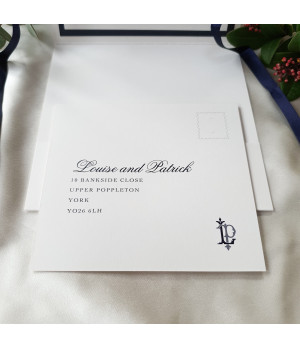 Classic navy wedding stationery set featuring coordinated inserts and elegant handmade presentation