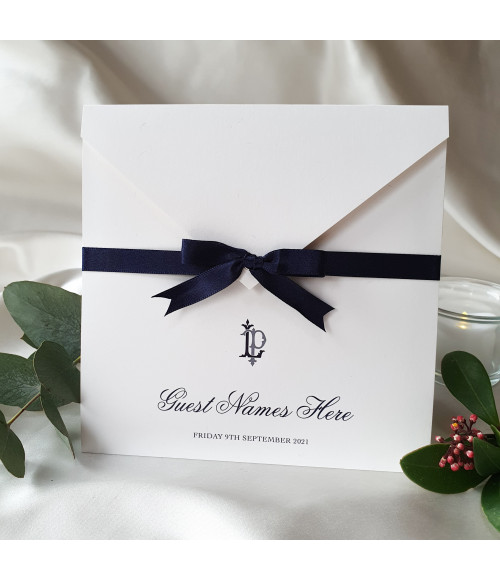 Signature navy blue wedding invitation folder with luxury pearl card and guest name personalisation