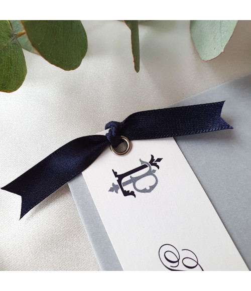 Personalised navy blue wedding breakfast menu with a classic design for an elegant wedding reception.