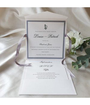 Luxury UK wedding invitation folder in silver design with sophisticated modern typography and clean layout