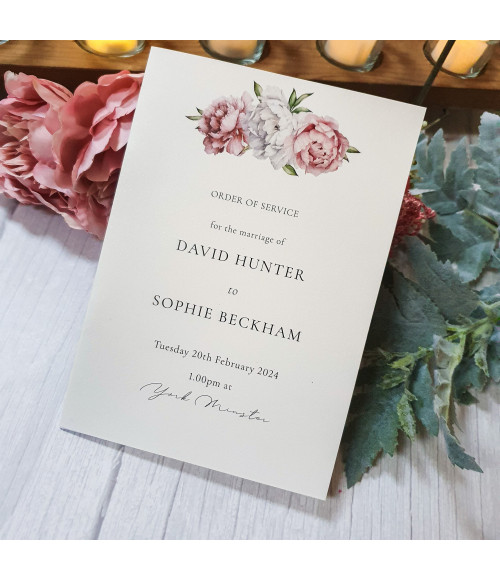 Beau Peonies personalised wedding order of service booklet with elegant pink and white floral design