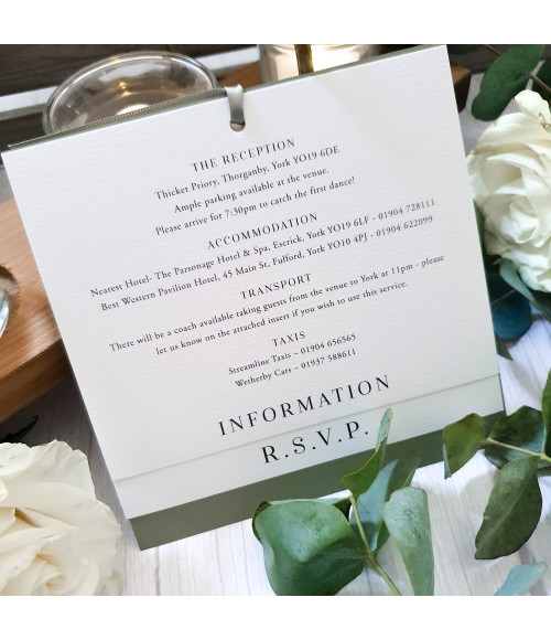 Elegant sage green wedding stationery suite featuring RSVP and information cards
