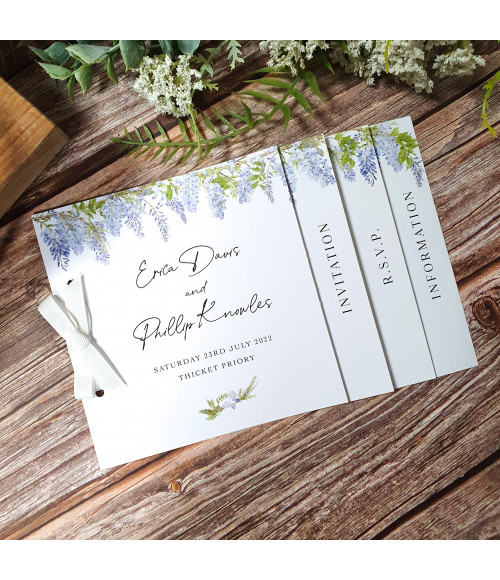 Personalised Affinity Wisteria wedding stationery sample collection.