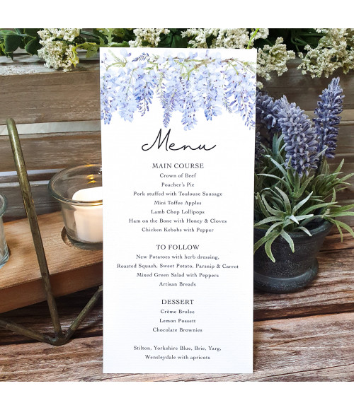 Premium wedding stationery sample with cascading purple Wisteria blossoms.