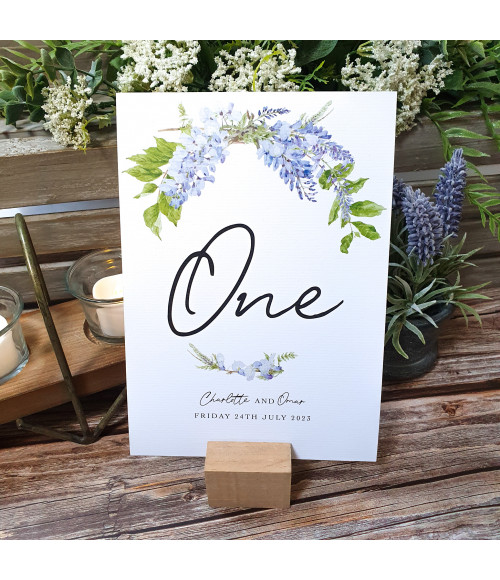Personalised Wisteria wedding stationery sample with elegant floral artwork.