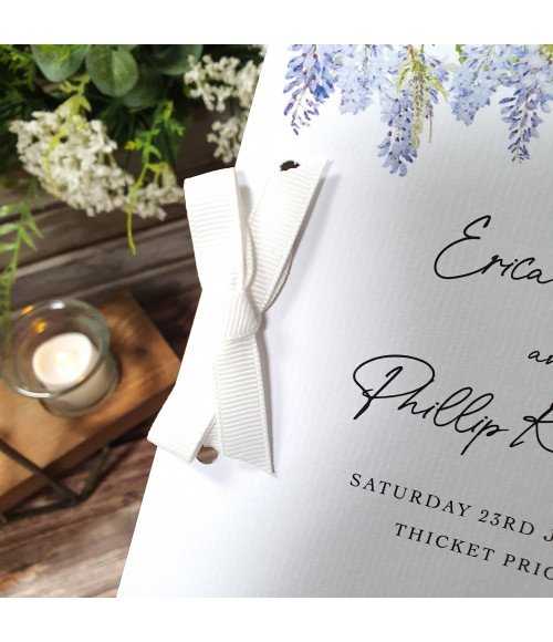 Wisteria flowers wedding invite with white ribbon, floral design and textured card