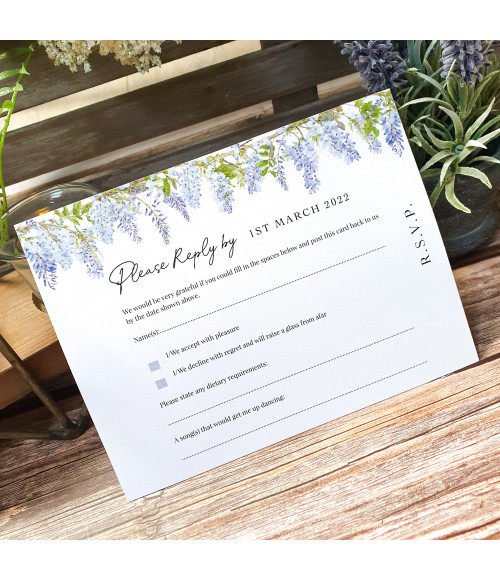 Luxury Wisteria wedding invitation with white ribbon, floral design and textured card