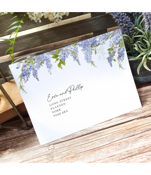 Wisteria wedding invite rsvp with white ribbon, floral design and textured card