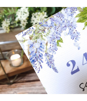 Luxury Wisteria Save the Date card featuring cascading purple flowers and botanical vines.