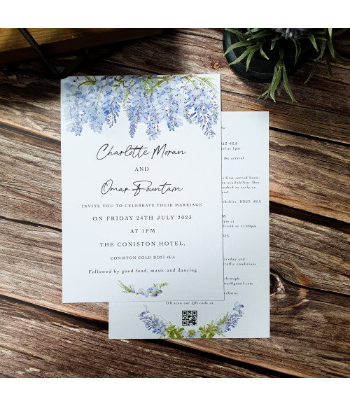 Floral evening wedding invitation in soft lavender and purple for a romantic celebration.