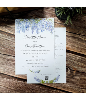 Floral evening wedding invitation in soft lavender and purple for a romantic celebration.