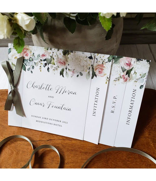 Blush roses wedding invites, floral wedding stationery with romantic rose design. Elegant pink and ivory invites for weddings.