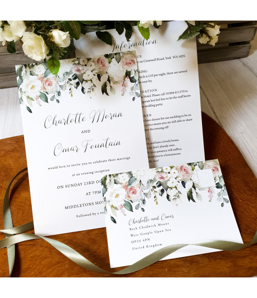 Blush rose floral wedding invitations, romantic pink stationery for elegant, rustic, or modern weddings.
