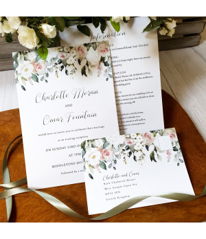 Blush rose floral wedding invitations, romantic pink stationery for elegant, rustic, or modern weddings.