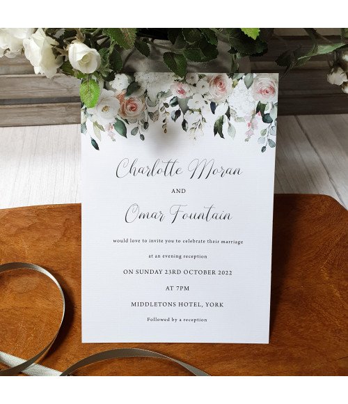 Luxury blush roses day wedding invitation personalised with your wedding details for a romantic celebration.