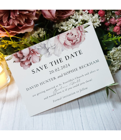 See the colours, textures and premium card quality for yourself with our Beau Peonies wedding stationery sample set.