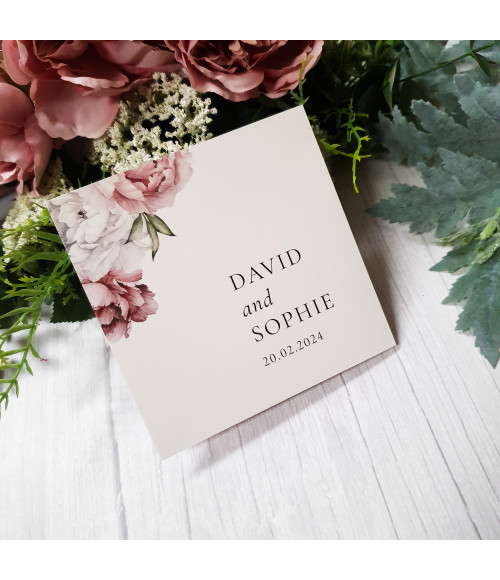 Luxury floral wedding invitation with soft pink peonies, customised with your wedding details and professionally printed.