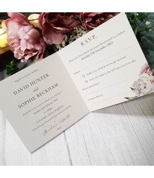 Romantic peony wedding invitation printed on premium cardstock, ideal for luxury wedding stationery suites.