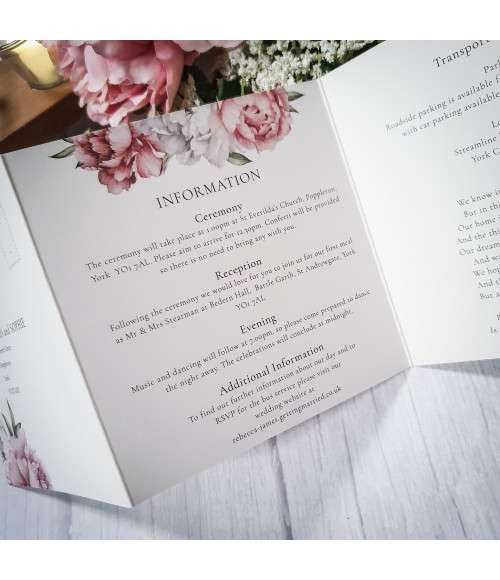 Custom wedding invitation featuring blush pink peonies, designed to create a beautiful first impression for your wedding day.