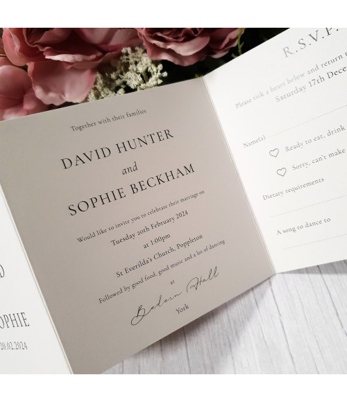 Luxury wedding invitation with elegant peony flowers, professionally printed to complement your wedding theme.