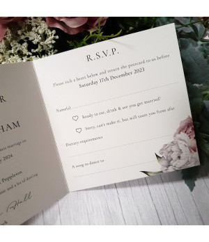 Blush peony wedding invitation with custom wording, ideal for sophisticated weddings and matching stationery.