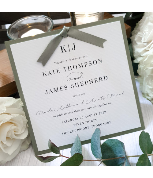 Luxury sage evening wedding invitation with satin ribbon and personalised monogram design