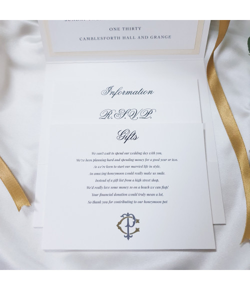 Gold wedding gift card with personalised monogram and space for honeymoon fund or gift list details