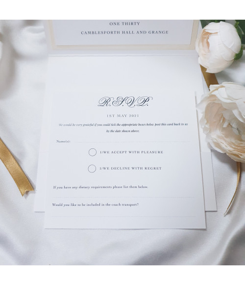 Gold wedding RSVP postcard with guest response details, dietary requirements and return layout