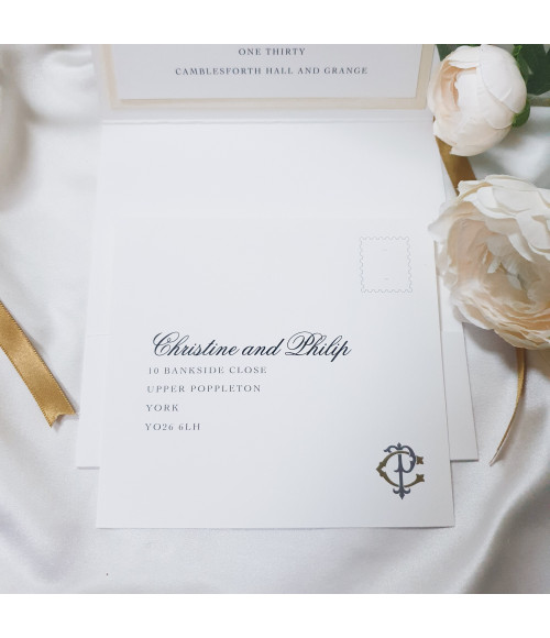 Traditional Gold Wedding Invitation with monogram, ribbon, information card, rsvp postcard and gifts card