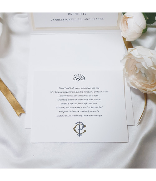 Gold wedding gift card with personalised monogram and space for honeymoon fund or gift list details